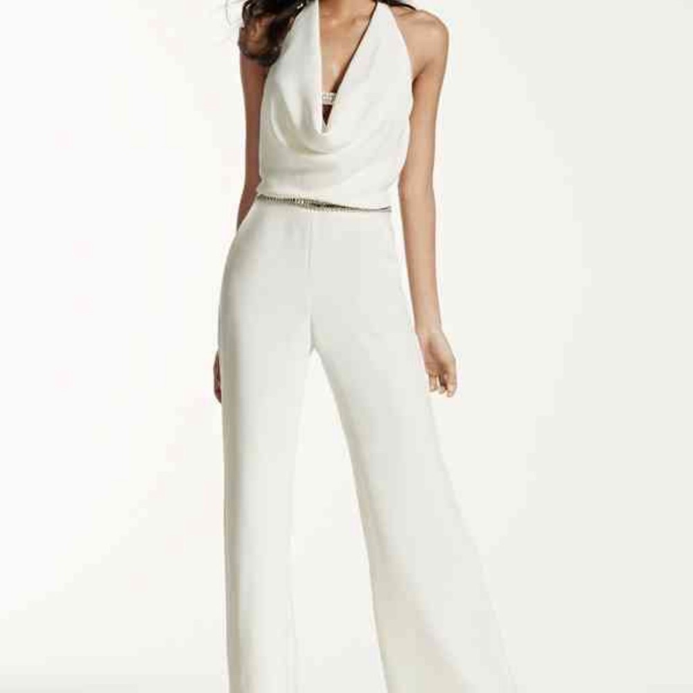 White GALINA SIGNATURE jumpsuit with gems around the waistline in the size 8